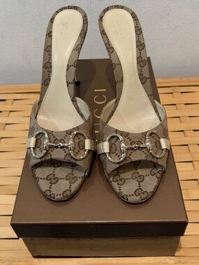 Gucci Beige Brown GG Canvas Horsebit Mules